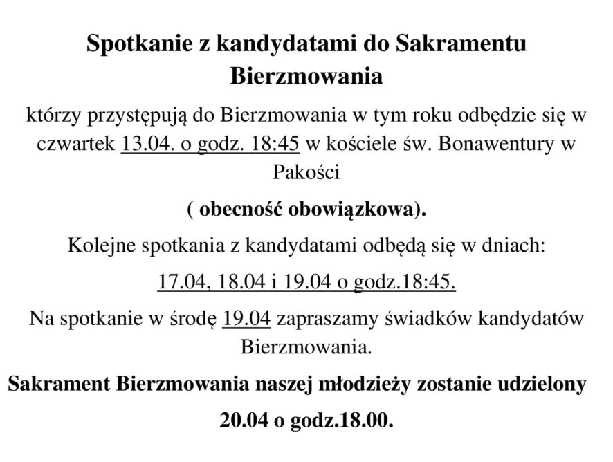 Ważne informacje dla kandydatów do Sakramentu Bierzmowania