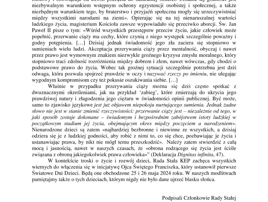 Stanowisko Rady Stałej Konferencji Episkopatu Polski  w sprawie prawnej ochrony ludzkiego życia