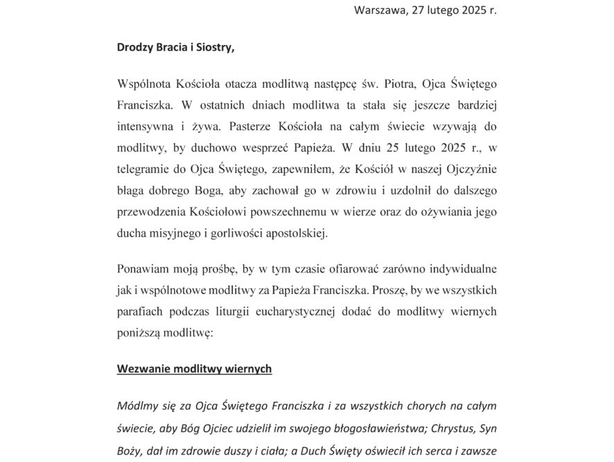 Wezwanie do modlitwy w intencji Ojca Świętego Franciszka